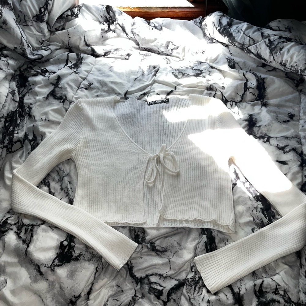Nasty Gal Elegant White Tie-Front Sweater